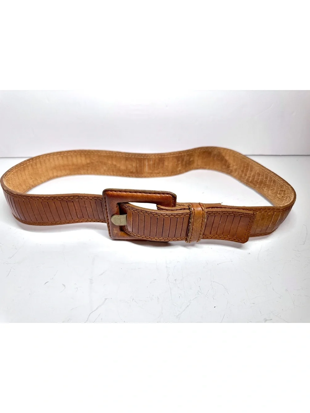 Vintage First Issue Textured Brown Leather-Wrapped Buckle Belt Size M